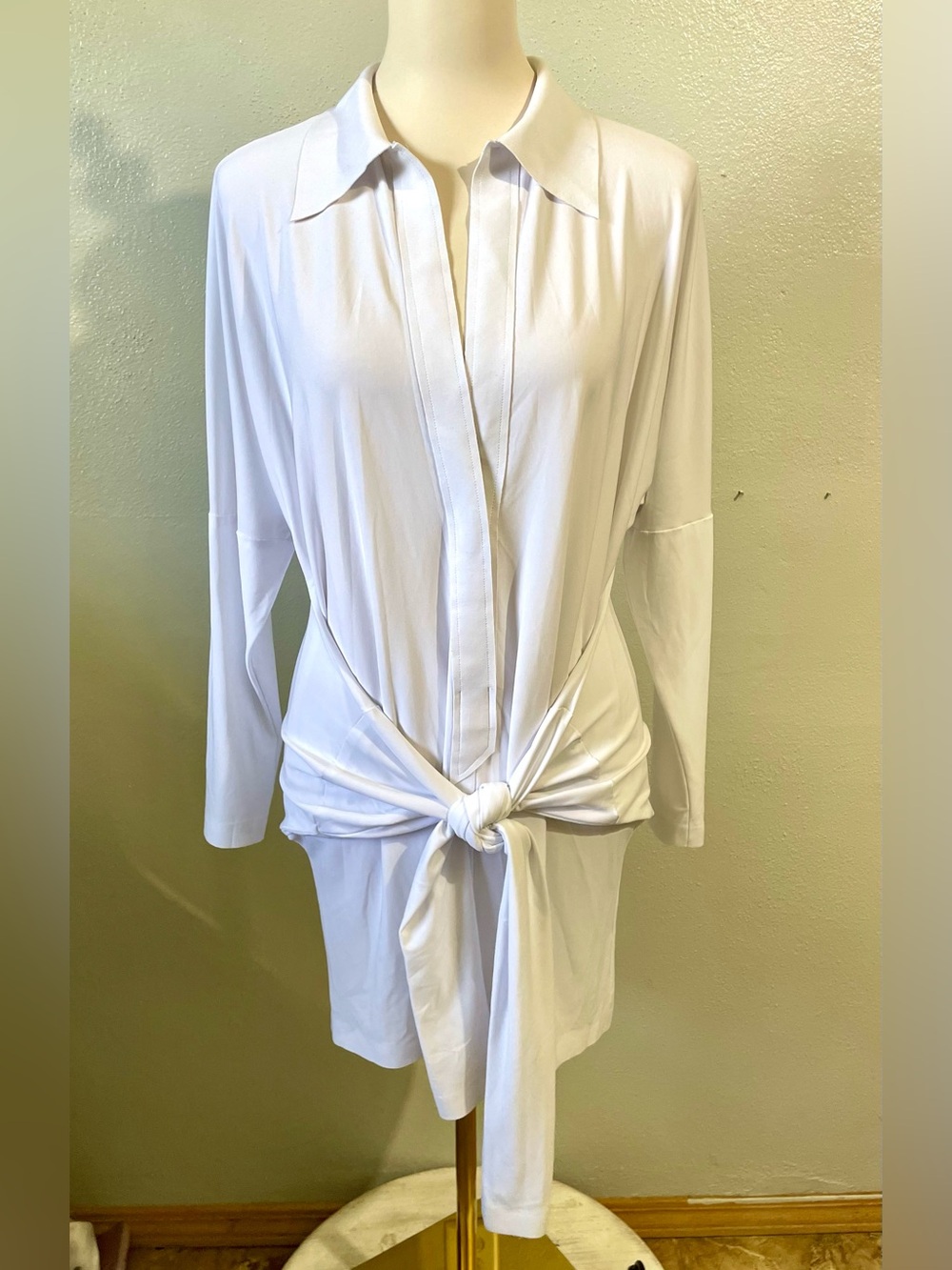 Norma Kamali White Collared Hook Loop Tied Front Tunic Long Sleeve Medium Modern